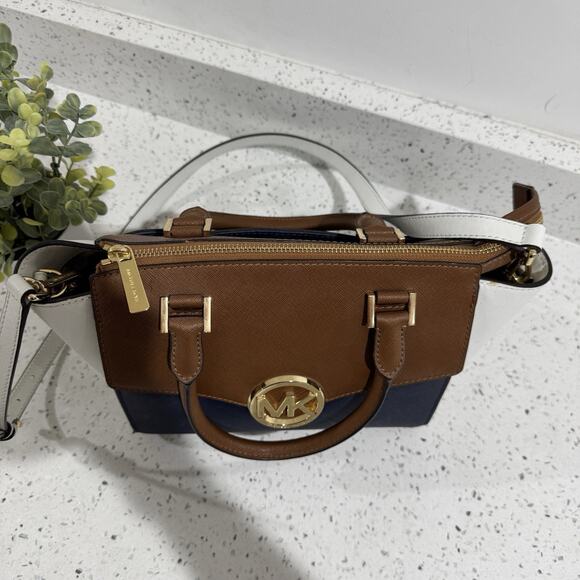 Michael Kors Hudson Medium Satchel Color Lock Navy Brown Leather DG - Picture 4 of 8